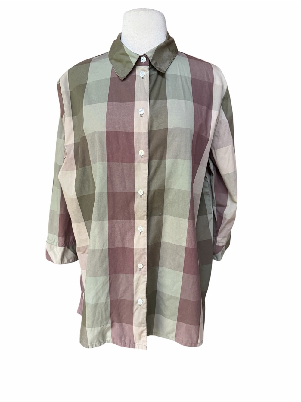 Late 80s/Early 90s Alia Oversized 3/4 Sleeve Muted Earthy Plaid Button Down Shir